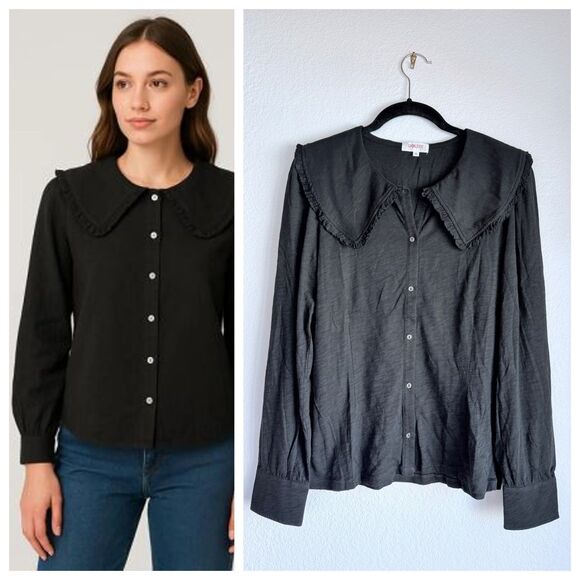 NWOT Goldie Lewinter Oversized Pilgrim Collar Button Down Long Sleeve T in Black - Picture 1 of 10